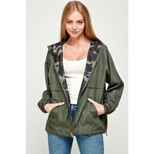 166. Olive Green Camo Reversible Contrast Print Full Zip Windbreaker Jacket